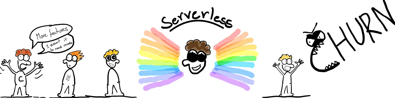 Hand-drawn banner: stakeholders asking for more features and mind-reading, a happy developer under a rainbow labelled Serverless, and a panicked user fleeing a monster labelled Churn